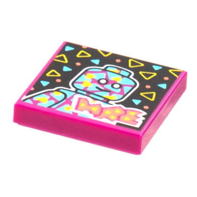 magenta tile 2 x 2 with beatbit album cover - minifigure on black background with medium azure and yellow triangles pattern