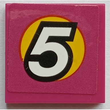 magenta tile 2 x 2 with white number 5 in yellow circle pattern sticker - set 60288