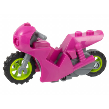 magenta stuntz flywheel motorcycle sport bike round front with dark bluish gray frame lime wheels and dark bluish gray handlebars