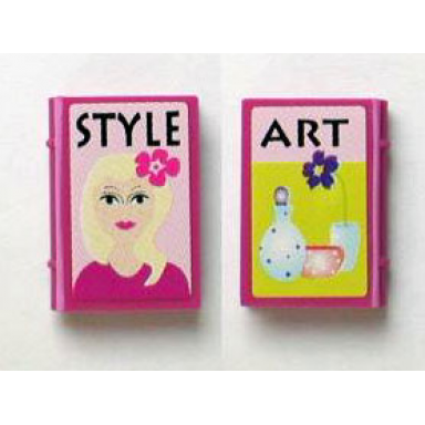 magenta minifigure utensil book 2 x 3 with style art girl and vases on outside and red clothes and woman in dark purple skirt on inside pattern stickers - set 7586