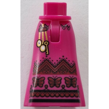 magenta mini doll hips and skirt full length with pendant watch and key on gold chains black and dark red butterflies zig zag and hem pattern - thin hinge