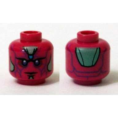 magenta minifigure head alien robot with dark azure spot on forehead dark purple eyes and lines and sand green armor plates pattern vision
