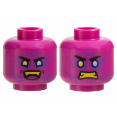magenta minifigure head dual sided black eyebrows dark purple brow furrow spots fur bright light blue eye left yellow eye right and teeth open smile scowl pattern
