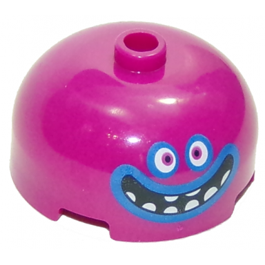 magenta brick round 3 x 3 x 1 1 3 dome top - open stud with face white eyes and teeth and black open mouth wide smile with blue outlines pattern