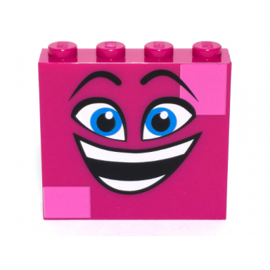 magenta brick 1 x 4 x 3 with black raised eyebrows dark azure eyes open mouth smile with teeth and dark pink squares pattern queen watevra wanabi face
