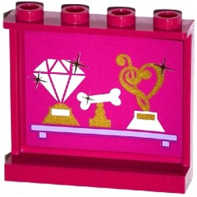 magenta panel 1 x 4 x 3 with side supports - hollow studs with jewel bone and music trophies on shelf pattern on inside sticker - set 41104
