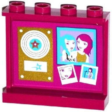 magenta panel 1 x 4 x 3 with side supports - hollow studs with vinyl record with star on gold plaque and photos pattern on inside sticker - set 41104