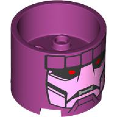 magenta brick round 3 x 3 x 2 with recessed center and axle hole with bright pink and black robot face with red eyes and silver teeth pattern sentinel