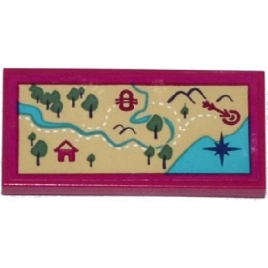 magenta tile 2 x 4 with map with mountains river trees hut raft and arrow pattern sticker - set 41122