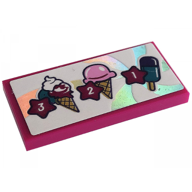 magenta tile 2 x 4 with menu with ice cream cones popsicle and number 3 2 and 1 in stars pattern sticker - set 41687