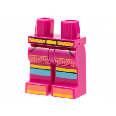 magenta hips and legs with yellow and coral checkered belt coral triangles yellow and medium azure stripes pattern