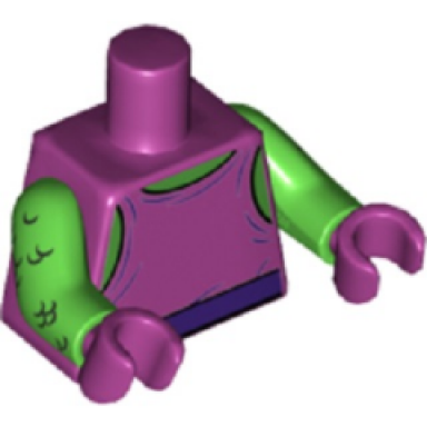 magenta torso spider-man tank top over bright green chest with dark purple belt pattern bright green arms with scales magenta hands
