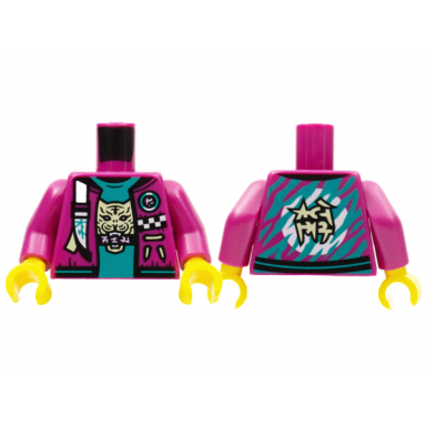 magenta torso jacket with white strap and checkered badge dark turquoise shirt with tan tiger head stripes and circle on back pattern magenta arms yellow hands