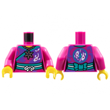 magenta torso female kimono dark turquoise hem and sash silver shuriken throwing star necklace koi fish pattern magenta arms yellow hands