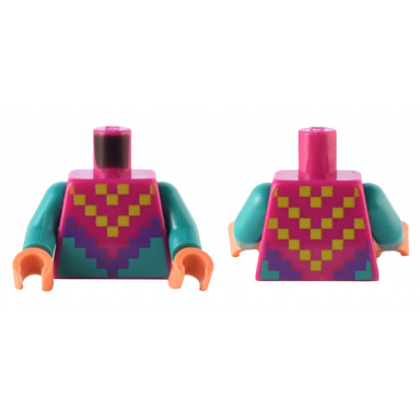 magenta torso pixelated lime and dark purple triangle scarf poncho over dark turquoise shirt pattern dark turquoise arms nougat hands
