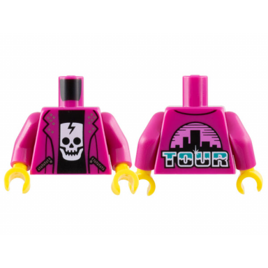 magenta torso jacket open with pockets with silver zippers over black shirt with white cracked skull tour and city skyline on back pattern magenta arms yellow hands