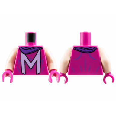 magenta torso super hero costume with muscles outline and lavender capital letter m dark purple scarf pattern light nougat arms magenta hands