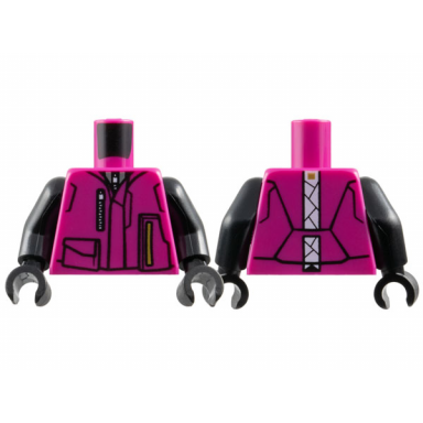 magenta torso jacket with silver zipper gold bar black pockets outline and white stripe on back pattern black arms black hands