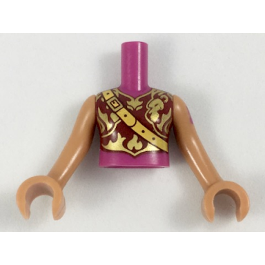magenta torso mini doll girl armored top with dark red and gold trim fire icon pattern medium nougat arms with hands with magenta tattoo
