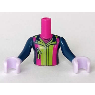 magenta torso mini doll girl dark blue top with lime and magenta stripes pattern lavender hands with dark blue sleeves