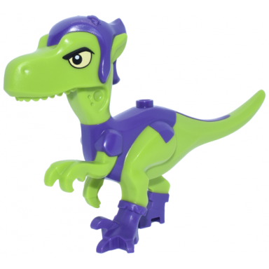 lime dinosaur body raptor with molded dark purple hat shirt and boots and printed black eyebrows and bright light yellow eyes pattern gobby-raptor