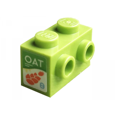 brick modified 1 x 2 with studs on 1 side with white oat and orange oats pattern sticker - set 10291