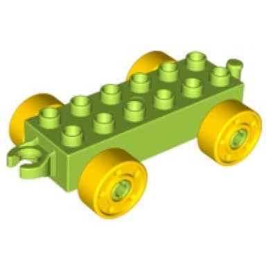 lime duplo car base 2 x 6 with open hitch end and yellow wheels with fake bolts