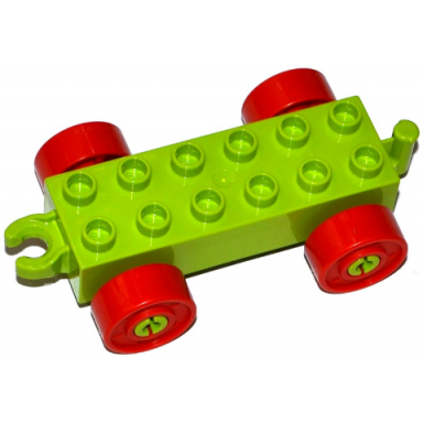lime duplo car base 2 x 6 with open hitch end and red wheels with fake bolts