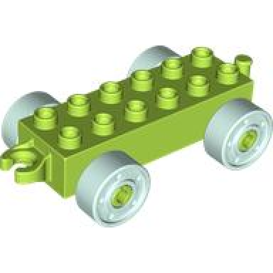 duplo car base 2 x 6 with open hitch end and light aqua wheels with fake bolts