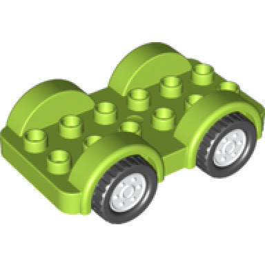lime duplo car base 2 x 6 with black tires and white wheels on fixed axles