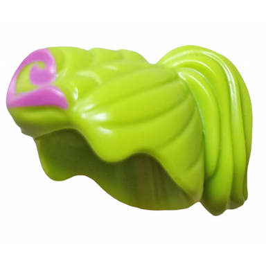 lime minifigure hair female ponytail and fringe with dark pink swirl pattern