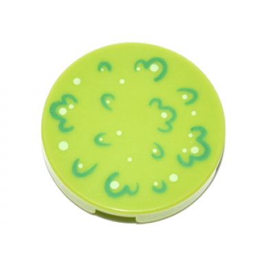 lime tile round 2 x 2 with bottom stud holder with green foliage and white spots pattern