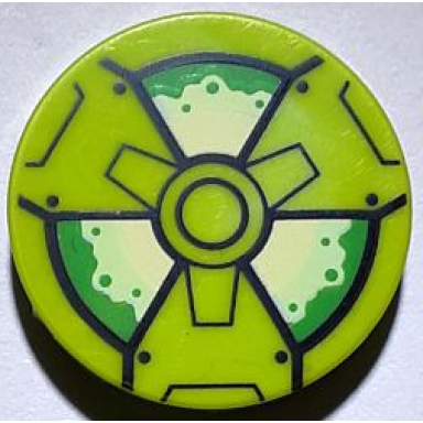 lime tile round 2 x 2 with bottom stud holder with black green and yellowish green radioactivity warning pattern
