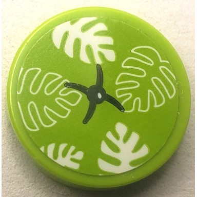lime tile round 2 x 2 with bottom stud holder with cushion with white leaves and black button pattern sticker - set 41710