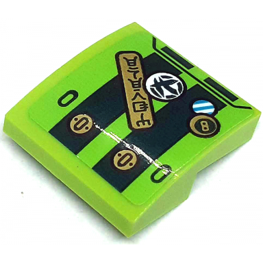 lime slope curved 2 x 2 x 2 3 with dark green stripes gold latches and ninjago logogram energy and letter l pattern sticker - set 71763