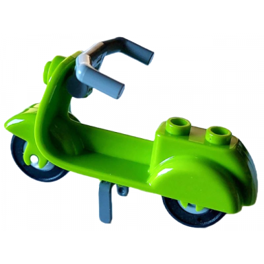 lime scooter with dark bluish gray stand light bluish gray angular handlebars and light bluish gray wheels