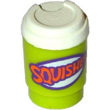 lime minifigure utensil cup take out cup without top hole with white lid and dark purple and orange squishee pattern