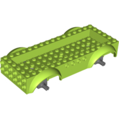 lime vehicle base 8 x 16 x 2 1 2 with mudguards raised 4 x 14 recessed center with 3 holes and dark bluish gray wheels holders