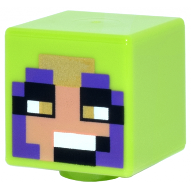lime minifigure head modified cube with pixelated medium tan face black gold and white eyes and mouth dark purple hood pattern minecraft jungle ranger