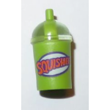 lime minifigure utensil cup dome lid cup and straw with trans-clear lid and dark purple and orange squishee pattern