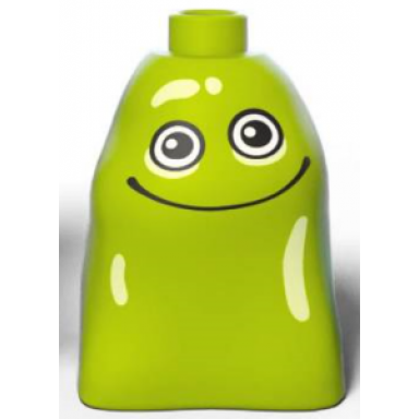 lime duplo brick 2 x 2 x 2 bag with alien with eyes smile and yellowish green spots pattern miles from tomorrowland blodger blopp