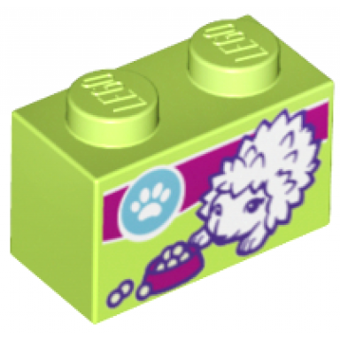 lime brick 1 x 2 with white hedgehog with dish magenta stripe and paw pattern