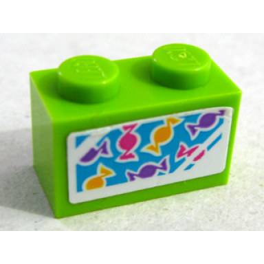 lime brick 1 x 2 with dark purple dark pink and yellow candies pattern sticker - set 41109