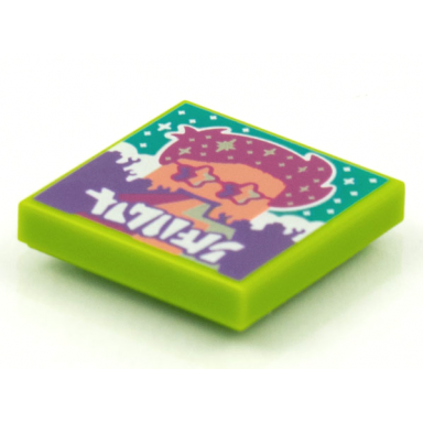 lime tile 2 x 2 with beatbit album cover - coral minifigure magenta hair and star glasses pattern