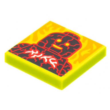 lime tile 2 x 2 with beatbit album cover - lava minifigure with cracks and fire pattern
