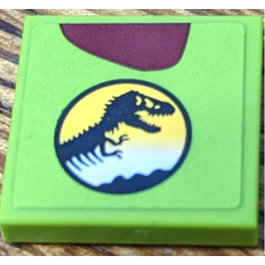 lime tile 2 x 2 with jurassic park logo and dark red spot pattern model right side sticker - set 76956