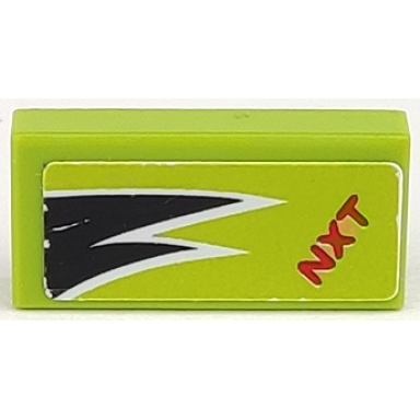 lime tile 1 x 2 with red nxt and black and white flames pattern sticker - set 8119