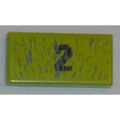 lime tile 1 x 2 with black number 2 and dark bluish gray mud splatters pattern sticker - set 8957