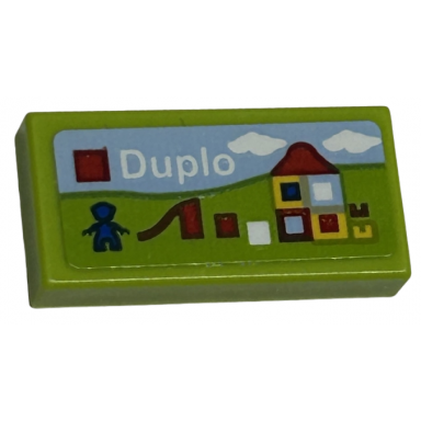 lime tile 1 x 2 with lego duplo set box art blue minifigure silhouette slide and house pattern sticker - sets 40528 40574