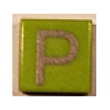 lime tile 1 x 1 with silver capital letter p pattern